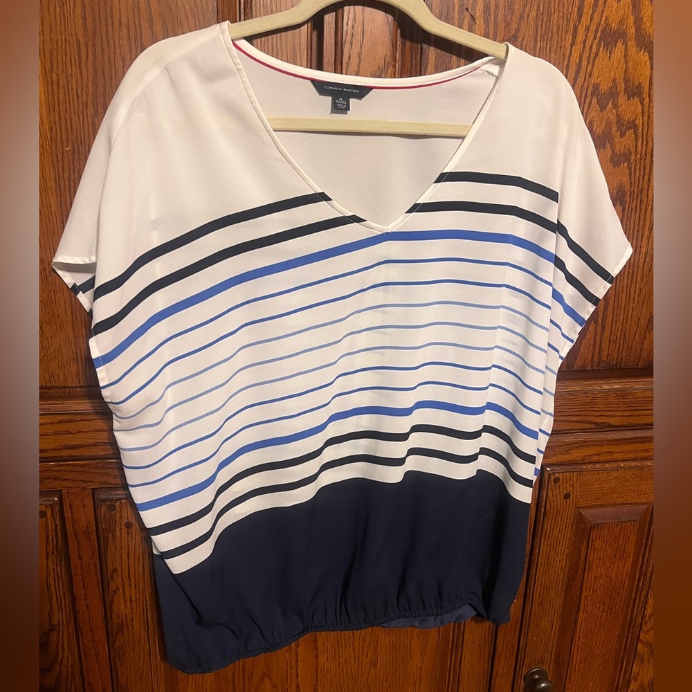 Navy and White Striped Women's Top